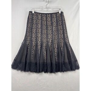 Ann Taylor LOFT Lace A-Line Skirt Women 6P Black Tan Floral Eyelash Trim Flare